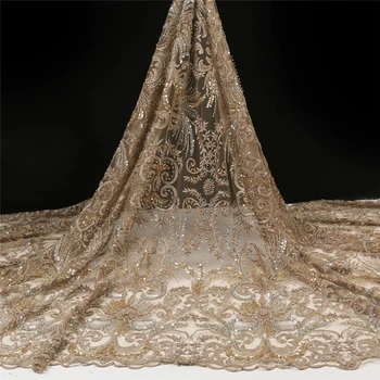 

Gold French Tulle Mesh Lace Fabric Luxury Beaded Lace Fabrics African Handmade Beads Lace Fabric For Wedding Dress XY3619B