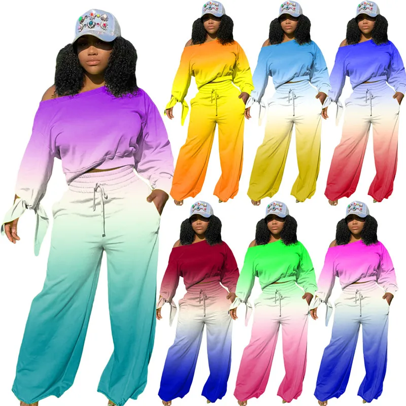 Fall Two Piece Set Women Gradient Print Bow Long Sleeve Top Flared Pants Casual Fitness Outfits Sweatsuit Wholesale Dropshipping |