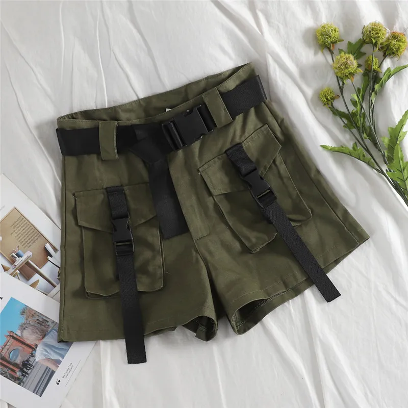 

Summer Autumn Women Tooling Shorts All Match High Waist Sashes Wide leg Shorts Female Loose BF Army Green Shorts Plus Size A1580