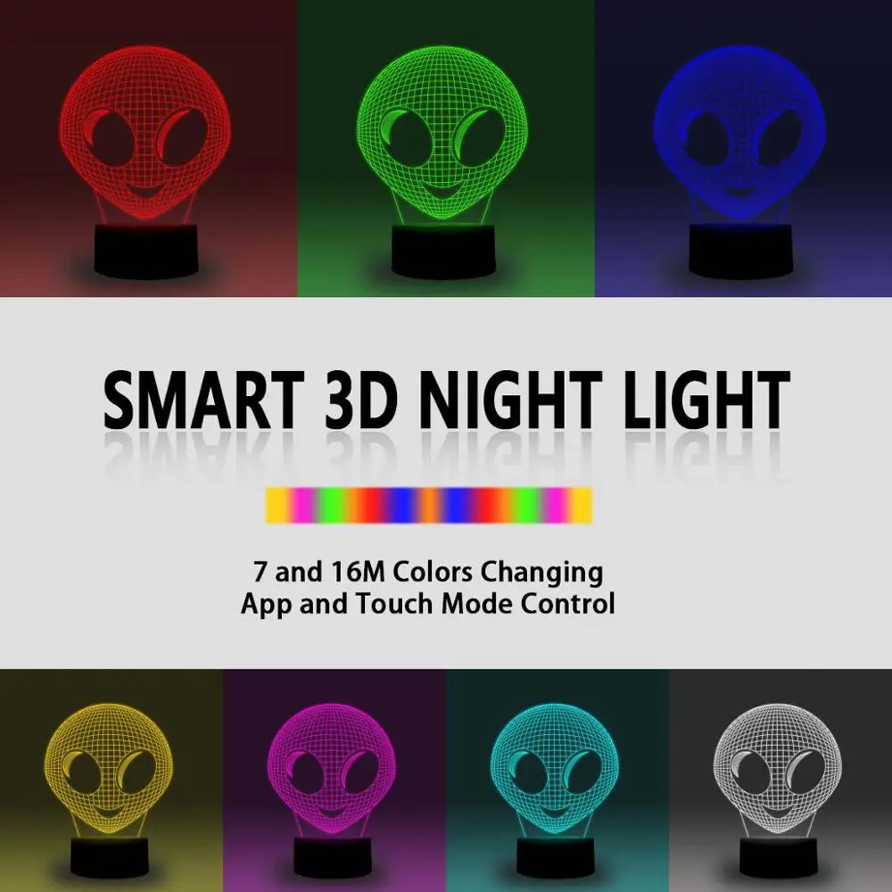 NiteApps 3D милый Инопланетянин ночник настольная Иллюзия украшение лампа подарок на день рождения приложение/сенсорное управление