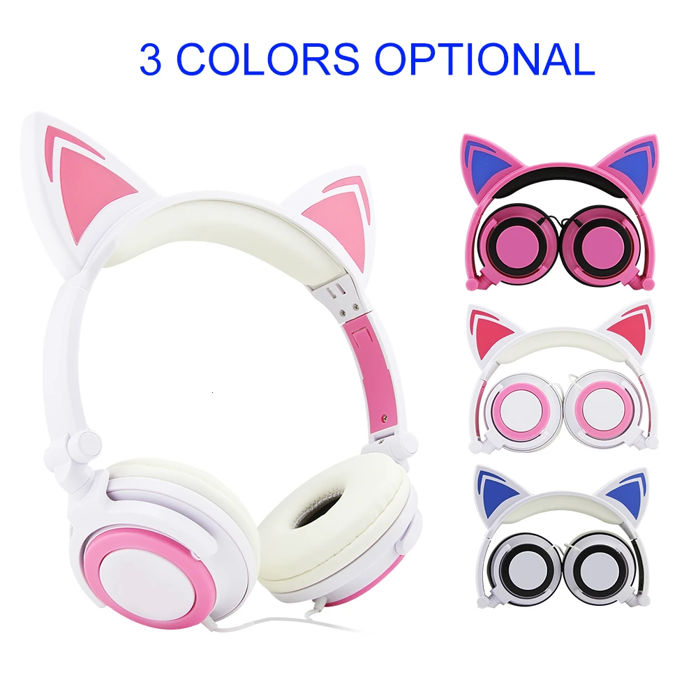 CHYI Foldable Flashing Glowing Led Light Gaming Headset MP3 MP4 Earphone Cute Cartoon Cat Ear Headphone For Kids Girl Gift