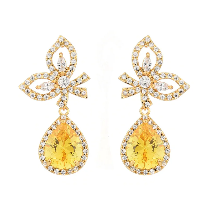 

Yellow Rhinestone Water Drop Butterfly Dangler Micro Pave Cubic Zirconia Korea Fashionable Wedding Jewelries Stud Earring