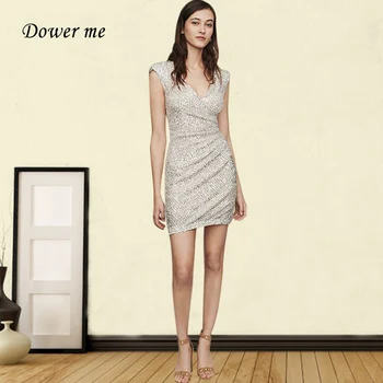 

V-Neck Formal Evening Dress GK087 Sleeveless Women Party Dresses Shining Sequin Vestidos De Gala Above Knee Short Gowns 2020