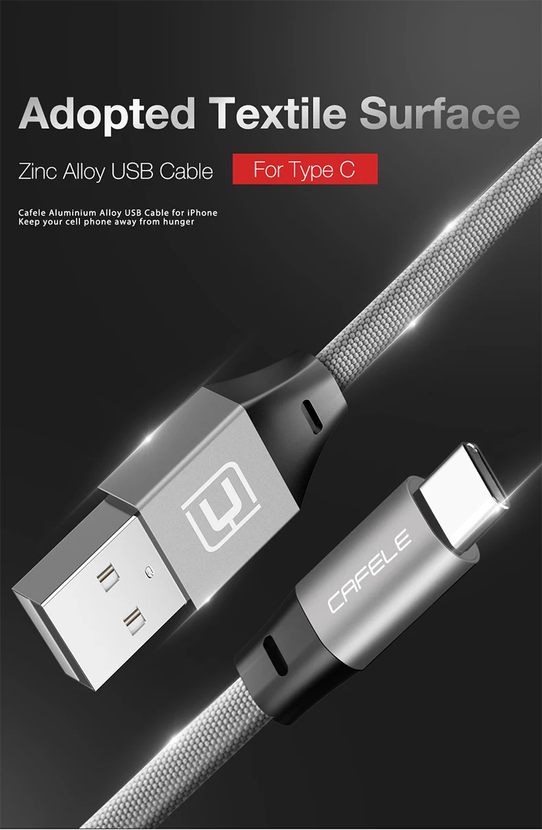 Cafele Тип usb C кабель для Xiaomi samsung huawei USB кабель быстрого зарядного устройства 8 Pin цинкового сплава для Тип usb-C кабель для передачи данных