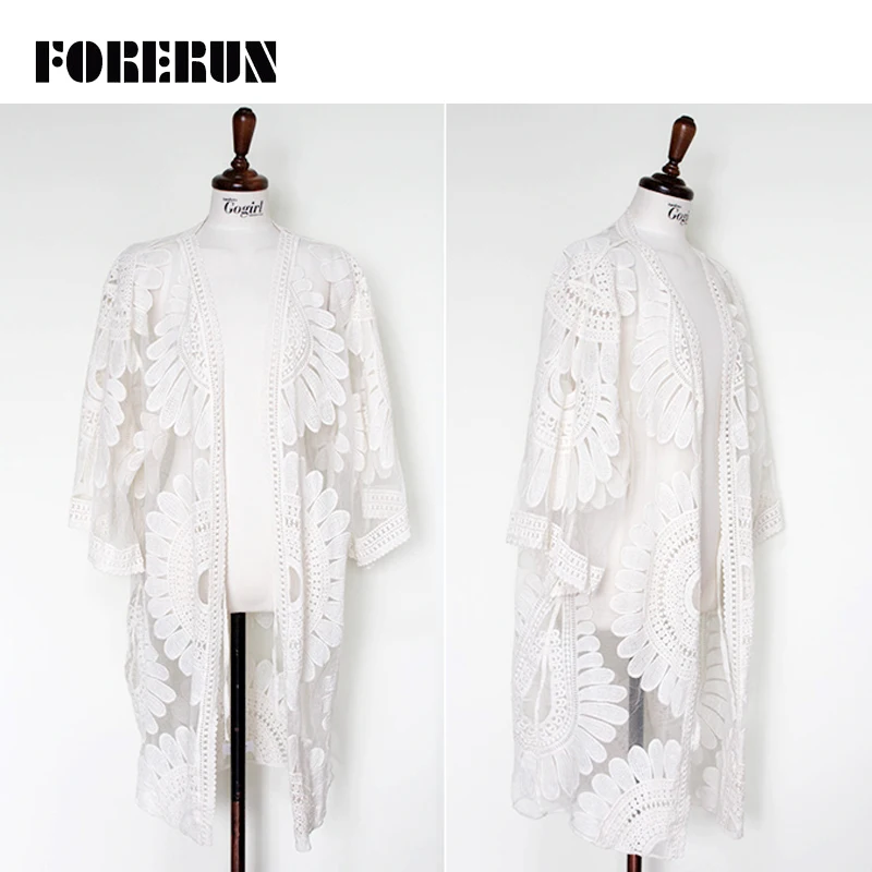 FORERUN Floral Embroidery Beach Blouses Women Transparent White Lace Kimono Cardigan summer Sex Sunscreen Bohemian Blusa