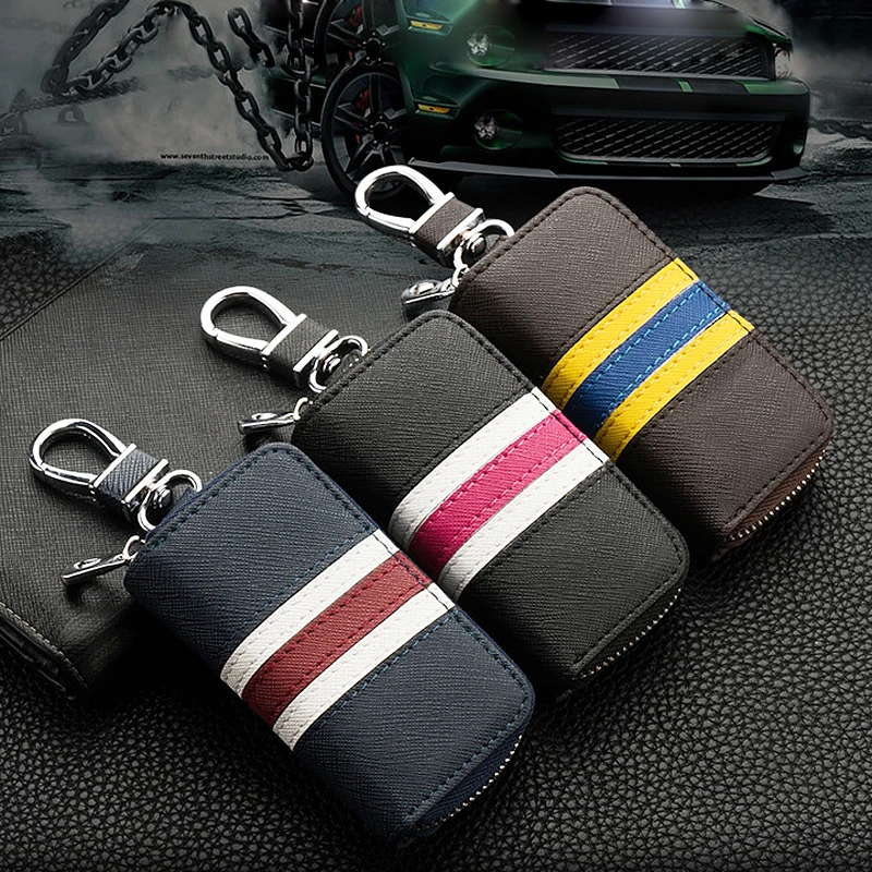 Fashion Colorful Stripes Leather Key Bag Universal Key Case for Car Keychain Men Women Wallet Mini Zipper Purse Holder Key Case
