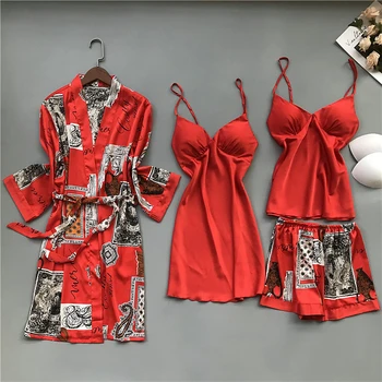 

Home service long-sleeved pajamas 4PC female sexy with chest pad nightgown small chest gathered strap nightdress sexy nightgowns