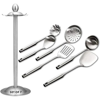 

Kitchen Utensil Set - 6 Piece Stainless Steel Cooking Utensils with Rotating Holder Organizer