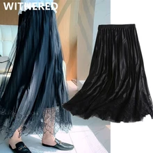 

Maxdutti faldas mujer moda 2021 england style office lady skirts womens lace splicing pleated high waist midi skirt women long