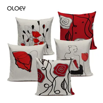 

Creative Decoration Red Black Cushion with Flower Linen Cushion Cover Car Cover Seat Home Decoration Cushion Cover 45x45cm .