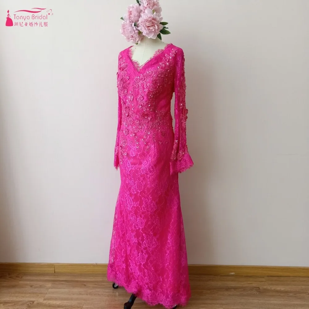 Торжественное платье для мамы невесты Fushia vestido de madrinha с длинными расклешенными рукавами, кружевное платье русалки, большие размеры, женское официальное платье DQG984