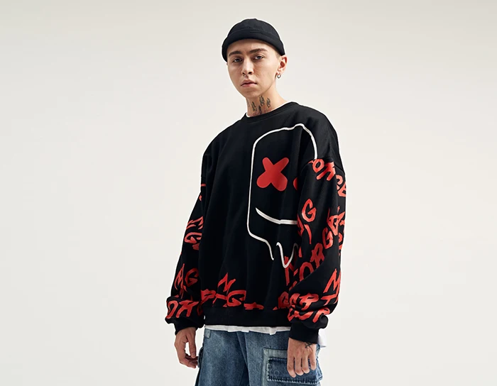 Aelfric Eden XX, флисовые мужские толстовки со смайликом и надписью «граффити»,, Harajuku, топы, модная уличная одежда, Повседневный хлопковый Мужской пуловер