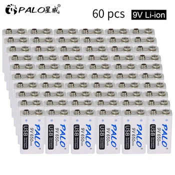 

60pcs PALO 9V 650mah Rechargeable Battery 6f22 9v li ion lithium battery usb 9v