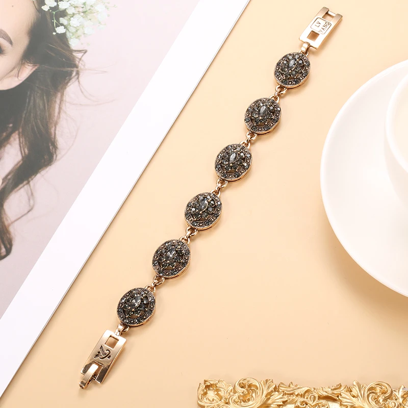 Charm Bracelet Boho Women Link Antique Gold Color Gray Crystal Ethnic Wedding Bridal Vintage Russia Accessories