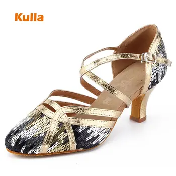 

Woman Sequin Dance Shoes Latin/Salsa/Tango Glitter Closed Toe Ladies Ballroom Waltz Dance Shoes Women Wedding Sandals Blue/Gold