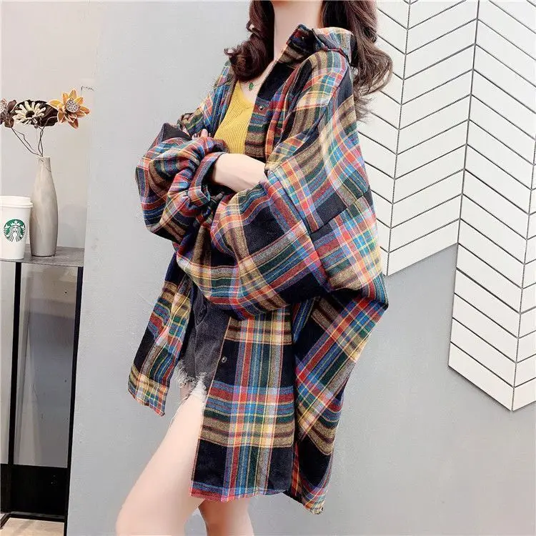 

Frosted Plaid Shirt Women 's Retro Style New Spring and Autumn 2020 Long Sleeve Medium Length Loose Shirt Coat for Women