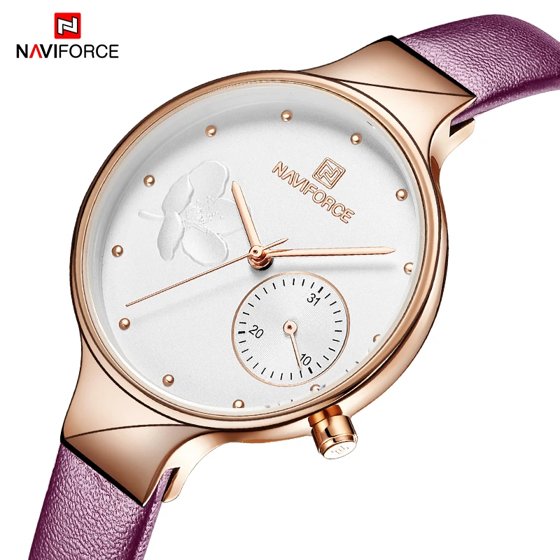 NAVIFORCE брендовые роскошные кожаные модные часы женские креативные с розовым циферблатом повседневные Элегантные Женские кварцевые наручные часы Relogio Feminino