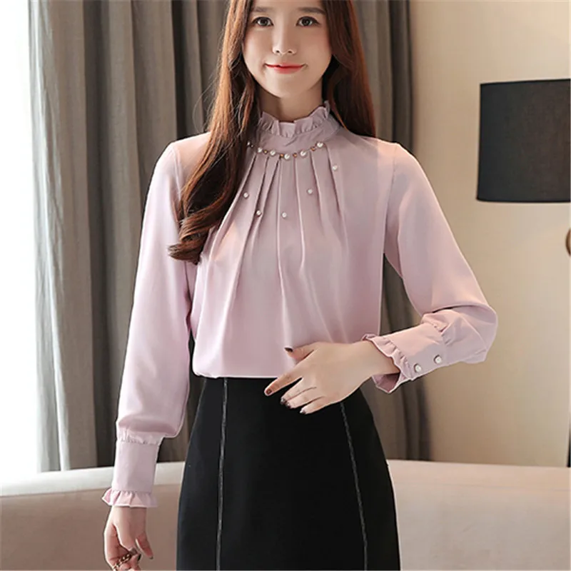 Корейские осенние женские блузки, женская шифоновая блузка, Blusas Mujer De Moda, Женские топы и блузки, женские рубашки с бисером размера плюс, Топ