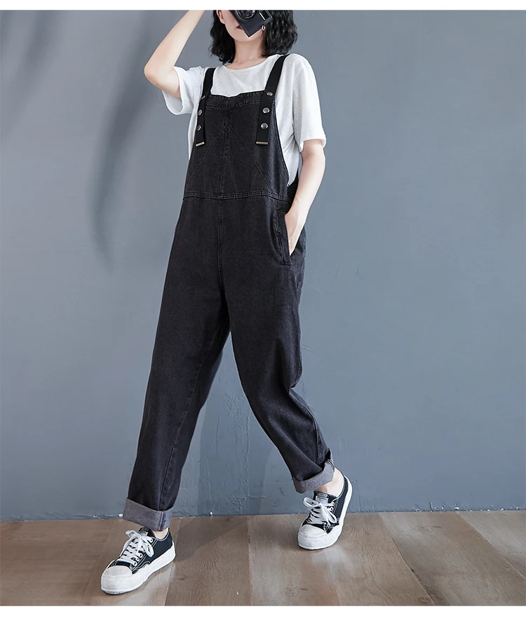 Vintage Black Denim Jumpsuit Women Casual Streetwear Loose Wide Leg Jeans Overalls Female Autumn Straps Pants Plus Size Trousers old navy jeans
