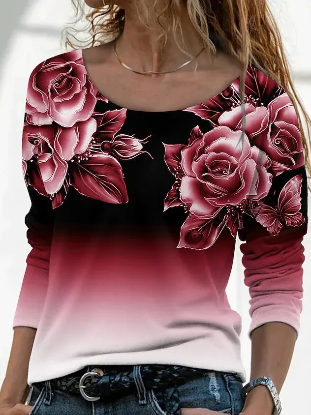 Hb4d09f8df4b04cecbf2e4b5debe2fe87C - Casual Floral Print Long Sleeve T-shirt