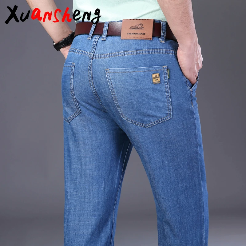 

Xuan Sheng straight tube men's jeans 2019 waist fat legs stretch loose brand light blue classic long pants street clothing jeans
