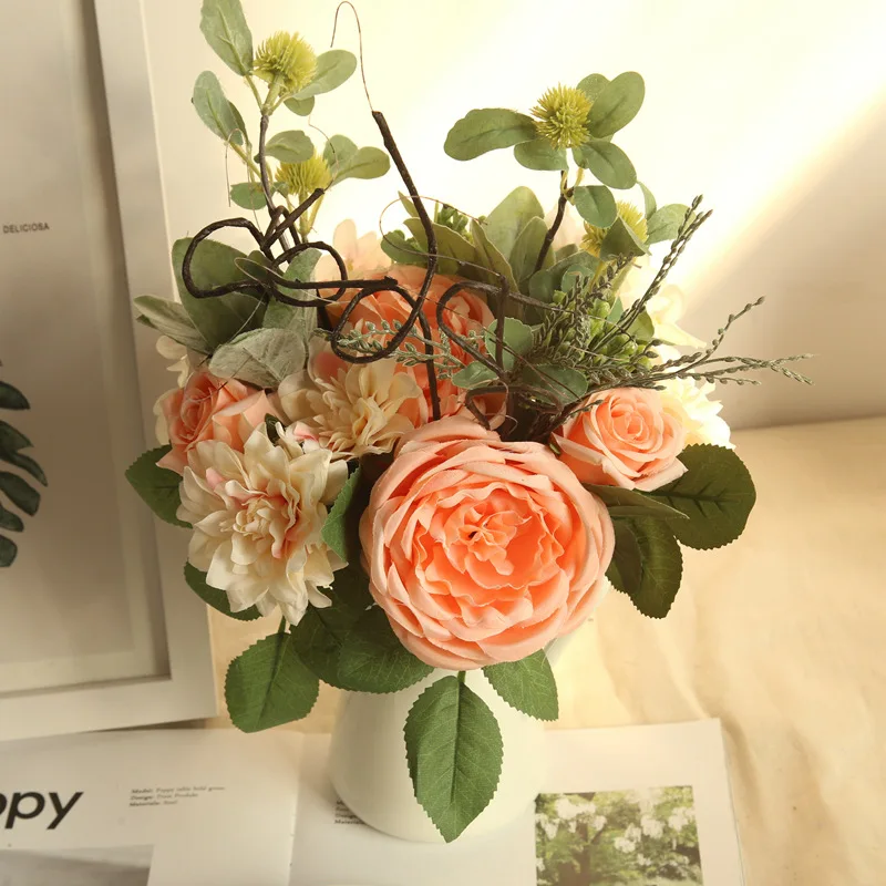 4 Colors Silk Rose Dahlia Hybrid Artificial Flower Bridal Bouquet Wedding Decoration DIY Home Party Fake Flowers | Дом и сад