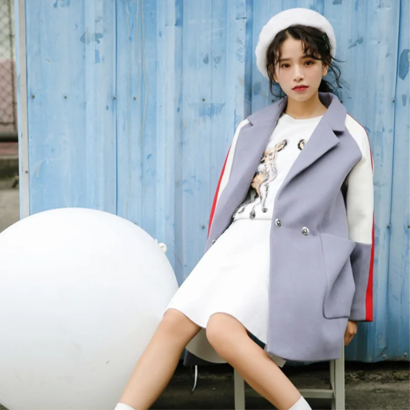 

2017 Autumn And Winter New Style South Korea Dongdaemun Ladies' Short-height Woolen Jacket pin se xiu Mid-length Coat