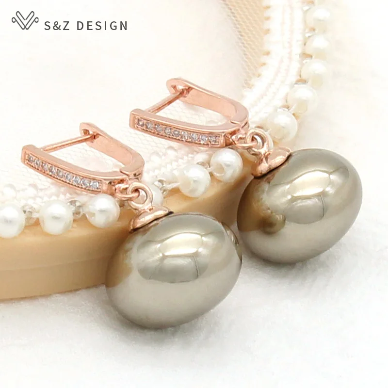 S&Z DESIGN New Trend Big Simulation Pearl Dangle Earrings For Women Wedding 585 Rose Gold Color Cubic Zirconia Jewelry Gift
