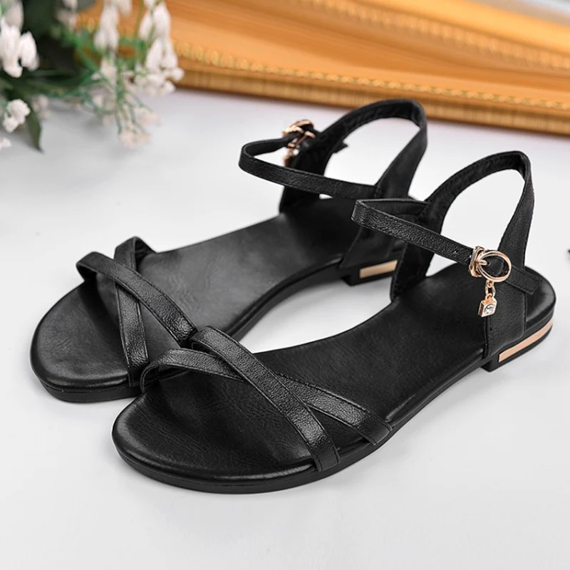 Comfortable Women Summer Sandals Genuine Leather Flip Flops Casual Flats Sandal White Gold Black Ankle Strap Beach Shoes Girls