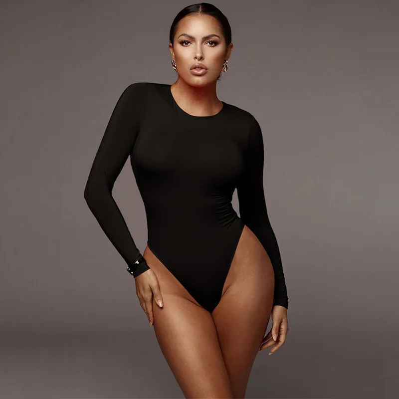 Cryptographic Casaul Long Sleeve Bodysuit Womens Tops bodycon Female Body Mujer Spring 2020 Solid Round Neck Bodysuits Romper