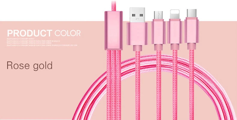 3 в 1 USB кабель Micro USB кабель type C 8 Pin кабель для зарядки мобильного телефона QC 3,0 быстрое автомобильное зарядное устройство для iPhone Xiaomi samsung htc - Цвет: Pink