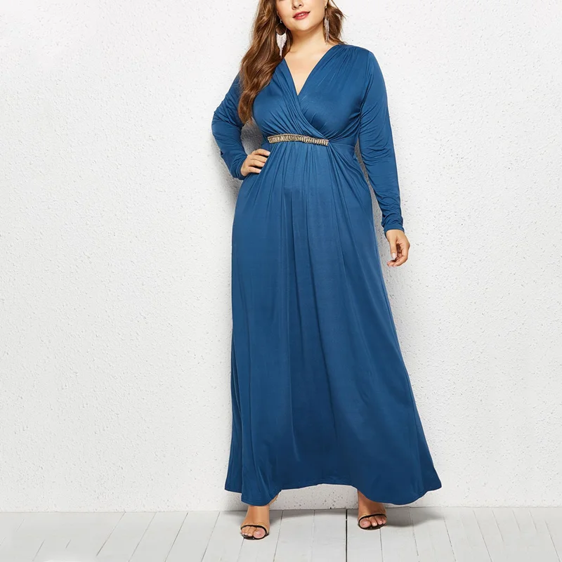 Autumn Women Long Dresses Plus Size Deep V-neck Fat MM Long Sleeve Maxi Dress Women Elegant Vestidos Robe Femme Hot Female Dress