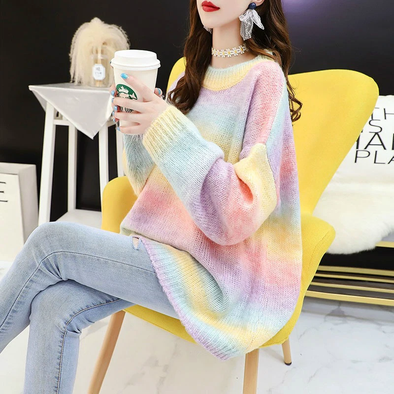 

Autumn Winter Women Rainbow Sweater and Pullovers Oneck Long Loose Style Striped Korean Jumpers Candy Color Oversized Pull