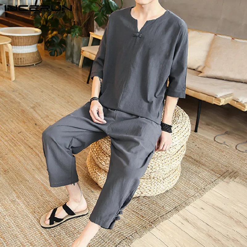 Chinese Style Men Sets Cotton Streetwear Solid Color Half Sleeve V Neck Shirts Drawstring Pants Vintage Men Casual Suits INCERUN Chinese Style Men Sets Cotton Streetwear Solid Color Half Sleeve V Neck Shirts Drawstring Pants Vintage Men Casual Suits INCERUN