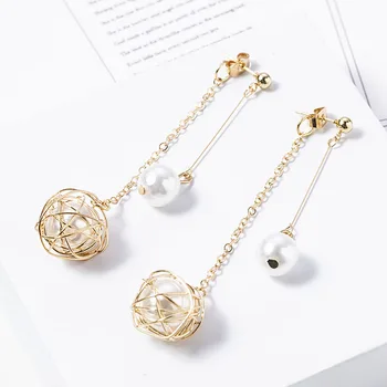 

Simulated-pearl Twine Metal Ball Dangle Earrings for Women Gold Korean Long Drop Dangle Earring Wedding Jewelry Gifts New Hot