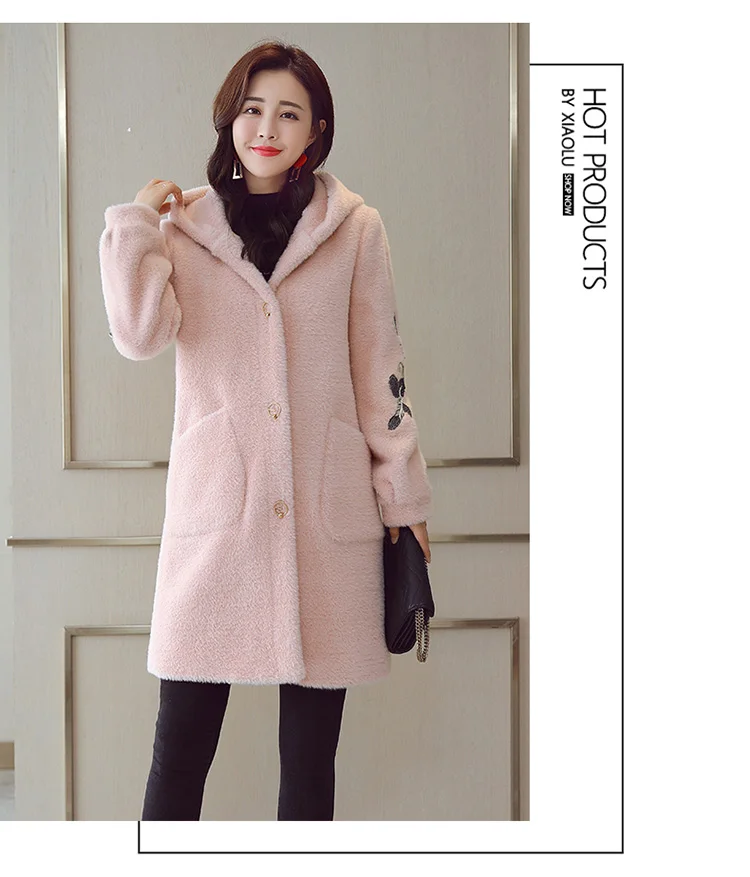 Imitation Mink Velvet Coat Women's Mid-length Autumn And Winter New Style Korean-style Embroidery Knitted Cardigan Hooded T