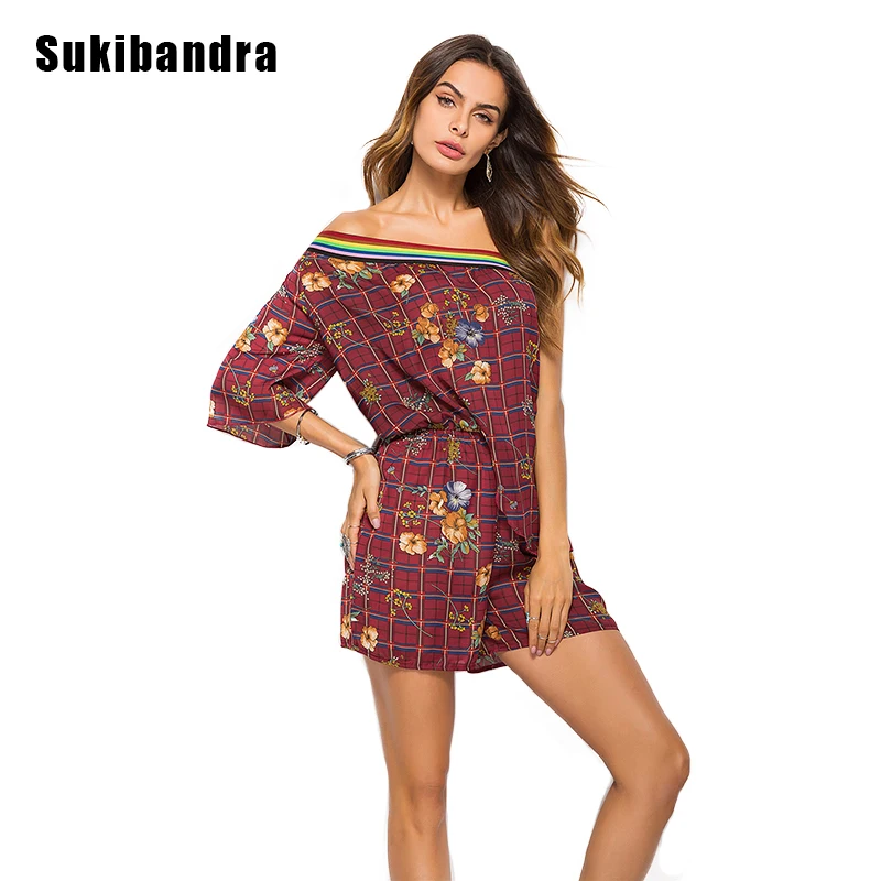 Sukibandra 2018 цветочный принт плед Boho короткие комбинезоны для малышек для женщин s Летний комбинезон на одно плечо пляжный