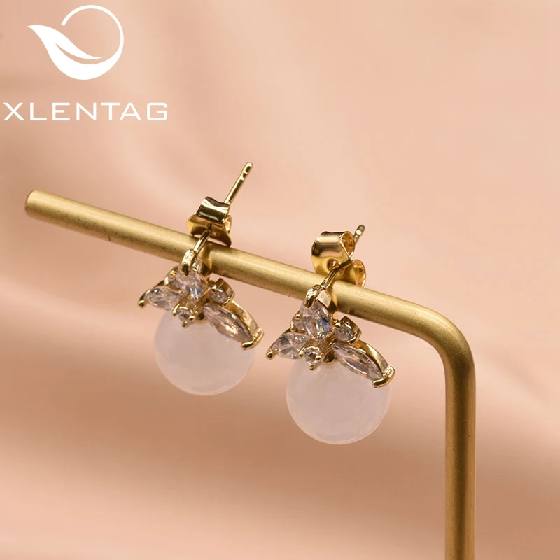 

XlentAg Natural Round Pink Crystal Stone Flower Earrings Pave Cubic Zircon Drop Earrings Handmade Fine Jewelry Orecchini GE0306