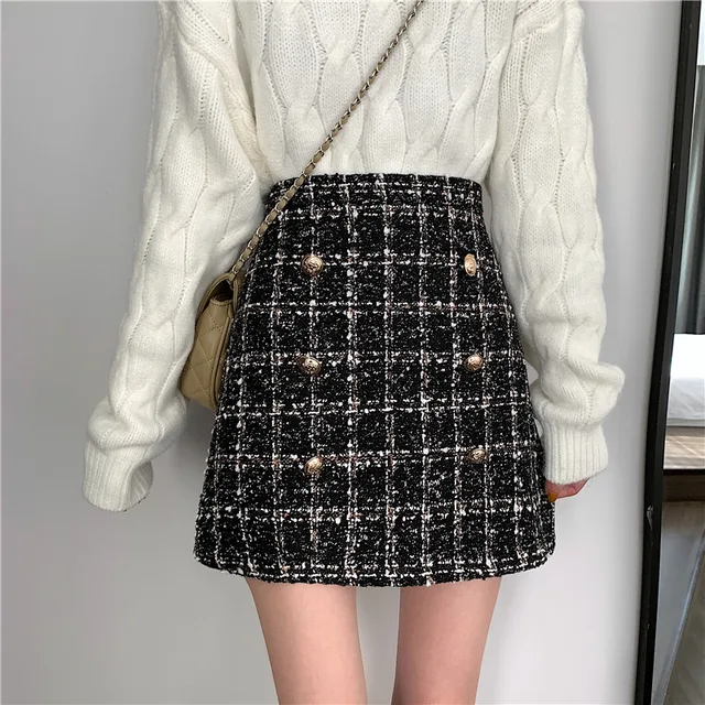 US $11.00 Tweed Half-length Skirt for Women In Autumn Spring 2019 New Korean White Black Chic Short Skirt wit