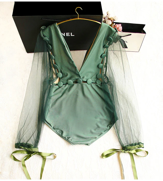 Сексуальный женский ретро сетчатый зеленый купальник с длинным рукавом и глубоким v-образным вырезом, темпераментный Цельный купальник с высокой талией для женщин