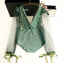 Сексуальный женский ретро сетчатый зеленый купальник с длинным рукавом и глубоким v-образным вырезом, темпераментный Цельный купальник с высокой талией для женщин