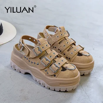 

2020 New Leather Summer Sandals Women's Platform Daddy Shoes Rivet Roman Shoes Mesh Flats Buckle Casual shoes Student Breathable