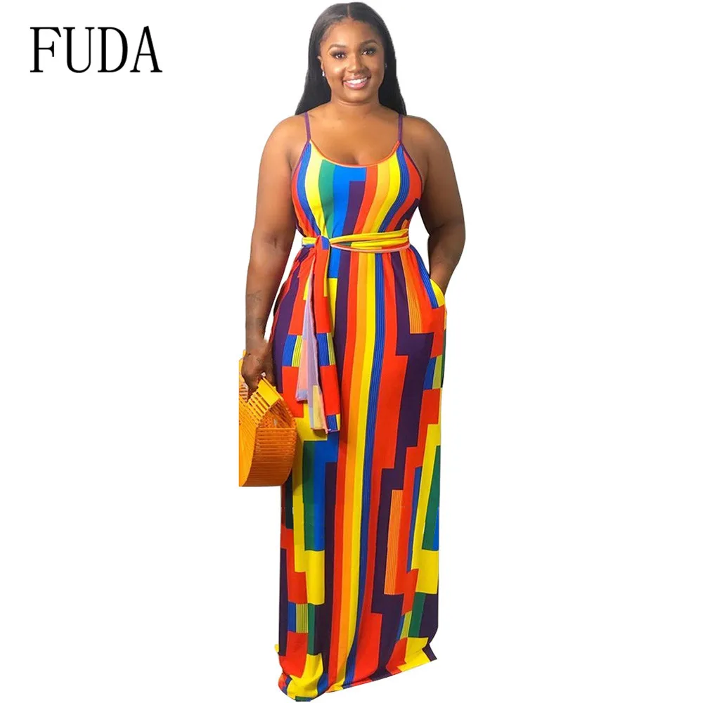 

FUDA New Fashion Tie-dye Colorful Print Loose Pockets Dress Summer Sexy Sleeveless Hollow Out Maxi Dress Retro Night Party Dress