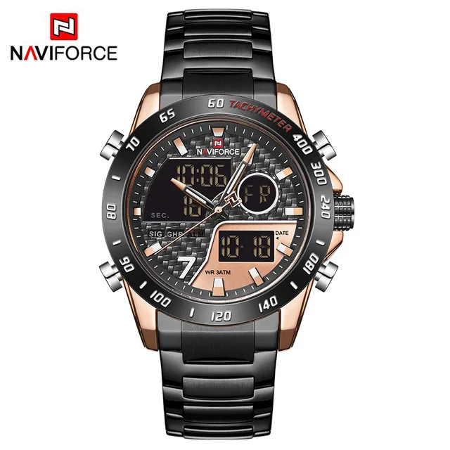 NAVIFORCE Luxury Brand Men Watch Military LED Digital Sport Wristwatch Mens Steel Strap Waterproof Clock Relogio Masculino - Цвет: black gold