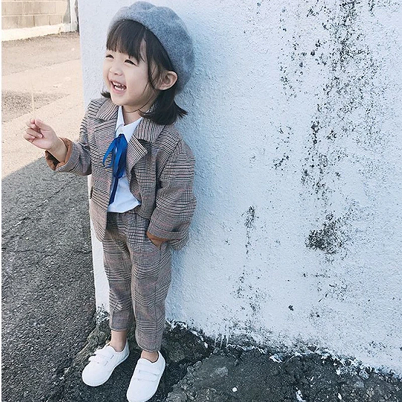 

2019 Baby Spring Autumn Clothes For Children Clothing Set Long Sleeve Plaid Jacket+pants 2pieces Kids Tracksuit Girls Set Suit