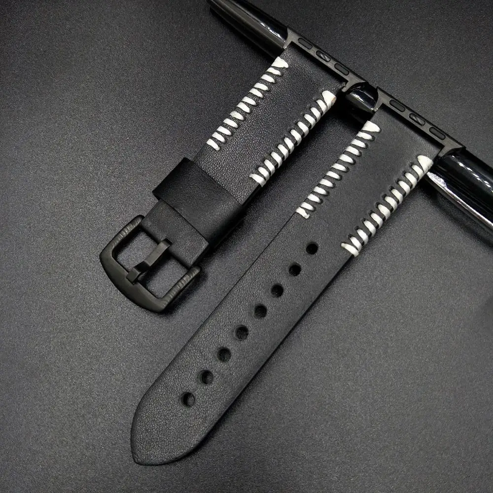 Black Ремешок из натуральной кожи для Apple watch 38 мм 42 мм Satch ремешок для Iwatch 1 2 3 4 Serise ручной работы ремешок для часов кожаный ремешок - Цвет ремешка: Black