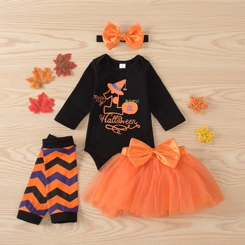 

4PCS Newborn Girls Halloween Set Long Sleeve Print Bodysuit Tutu Skirt Infant Baby Cute Gifts Toddler Girl Clothes 0-18M