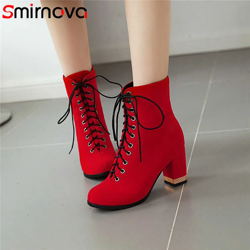 

Smirnova 2020 new arrive auutmn winter boots round toe lace up ladies prom boots thick high heels women ankle boots plus size