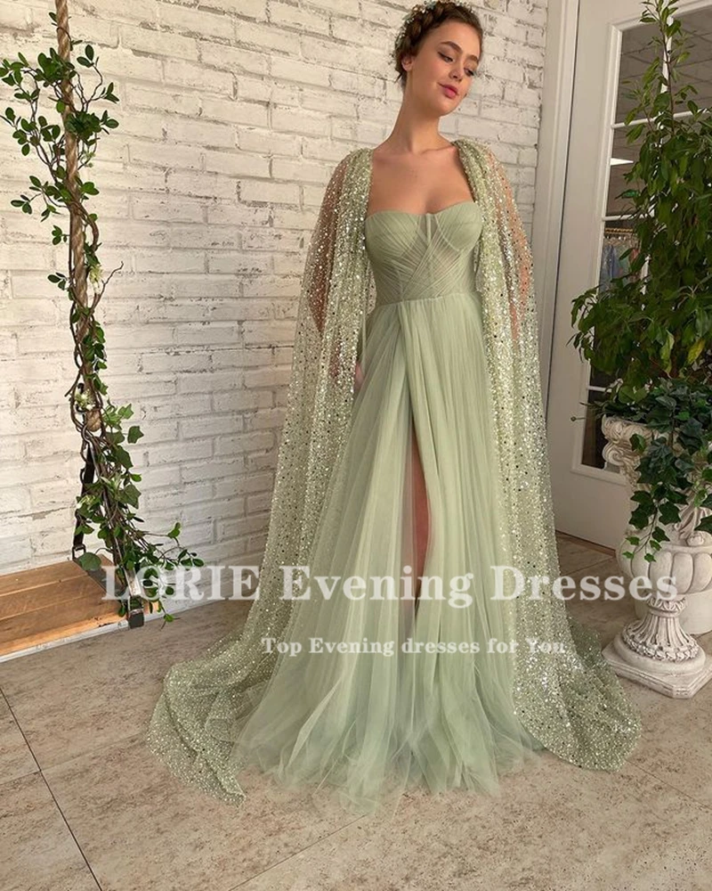 LORIE Green Tulle Evening Dresses 2022 Sparkly Glitter Jacket Prom Dresses Sweetheart Side Slit Party Gowns Robe De Soirée Femme