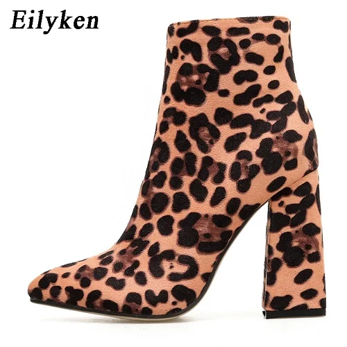 Eilyken/женские зимние ботильоны из флока; модные женские ботинки «Челси» с острым носком, на молнии, с леопардовым принтом; большие размеры 35-42 - Цвет: Leopard grain